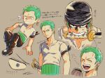  1boy age_progression bandana blood blood_on_face blush collage cropped_torso expressions green_hair highres male_child male_focus mouth_hold one_piece roronoa_zoro saliva short_hair smile sweat sweatdrop tomea491 translation_request 