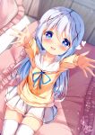  1girl :d arms_up bangs blue_eyes blue_hair blue_ribbon blurry blurry_background blush chinomaron commentary_request depth_of_field frilled_pillow frills gochuumon_wa_usagi_desu_ka? hair_between_eyes hair_ornament heart heart-shaped_pupils highres indoors kafuu_chino long_sleeves looking_at_viewer neck_ribbon on_bed pillow pleated_skirt reaching_towards_viewer ribbon sailor_collar school_uniform serafuku sitting skirt smile solo sweater symbol-shaped_pupils thigh-highs white_sailor_collar white_skirt white_thighhighs x_hair_ornament yellow_sweater 