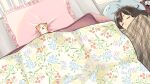  1girl animal brown_hair cat floral_print from_above highres indoors kojiro337 lying medium_hair on_bed on_side original pillow sleeping solo stuffed_animal stuffed_toy sweatdrop teddy_bear under_covers 