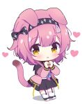  1girl absurdres animal_ears arknights bangs black_hairband black_skirt blue_bow blush bow braid cat_ears cat_girl cat_tail commentary_request full_body garter_straps goldenglow_(arknights) hair_between_eyes hair_bow hair_over_shoulder hairband hands_up heart highres jacket lightning_bolt_print long_hair long_sleeves open_clothes open_jacket own_hands_together parted_lips pink_hair pink_jacket pleated_skirt print_hairband puffy_long_sleeves puffy_sleeves rebaa shadow shirt shoes simple_background single_braid skirt solo tail thigh-highs white_background white_footwear white_shirt white_thighhighs yellow_eyes 