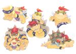  2boys bowser bowser_jr. cheek_bulge closed_eyes colored_skin crossed_arms crown fang father_and_son from_side grin horns hoshikuzu_pan lying multiple_boys on_stomach ponytail red_eyes redhead sharp_teeth shell short_hair simple_background sitting smile spikes super_mario_bros. teeth white_background 