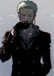  1boy alternate_costume black_gloves black_suit buttons cigarette formal gloves glowing glowing_eye green_hair holding holding_cigarette looking_to_the_side loose_necktie male_focus necktie one_piece pectoral_cleavage pectorals roronoa_zoro scar scar_across_eye short_hair solo suit taro_(honyarara00) upper_body 
