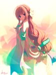 1girl absurdly_long_hair bangs brown_hair dress flower from_side hair_flower hair_ornament highres isumi_(yangyan) light_brown_hair long_hair looking_at_viewer low_ponytail original strapless strapless_dress very_long_hair violet_eyes 