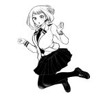  1girl :o bk_n_wh blush_stickers boku_no_hero_academia collared_shirt greyscale highres jacket jumping looking_at_viewer midair monochrome necktie open_mouth pleated_skirt school_uniform shirt short_hair sidelocks skirt solo u.a._school_uniform uraraka_ochako white_background 