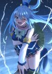  1girl ;d absurdres aqua_(konosuba) arm_under_breasts bare_shoulders blue_eyes blue_hair blush bow breasts brooch detached_sleeves dress hair_ornament hand_fan highres holding holding_fan jewelry kono_subarashii_sekai_ni_shukufuku_wo! kousuke_(ko_suke) long_hair one_eye_closed single_hair_ring smile solo thigh-highs very_long_hair water 