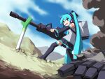  1girl absurdly_long_hair black_footwear black_skirt blue_eyes blue_hair blue_sky boots copyright_request day detached_sleeves gun hatsune_miku highres holding holding_gun holding_weapon knee_boots long_hair long_sleeves looking_away open_mouth outdoors pleated_skirt skirt sky solo standing sweatdrop twintails very_long_hair vocaloid weapon yachima_tana 