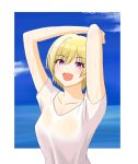  1girl arms_up bangs blonde_hair blue_sky border breasts cloneryu collarbone eyelashes hair_between_eyes highres idolmaster idolmaster_shiny_colors looking_at_viewer medium_breasts open_mouth saijo_juri see-through see-through_shirt shirt short_hair sky smile sweat sweaty_clothes t-shirt upper_body violet_eyes water white_border white_shirt 