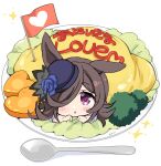  1girl animal_ears bangs blue_flower blue_headwear blue_rose blush brown_hair commentary_request flower food hair_over_one_eye hat hat_flower highres hizuki_yayoi horse_ears in_food long_hair looking_at_viewer mini_flag minigirl okosama_lunch omelet omurice parted_lips plate puffy_short_sleeves puffy_sleeves rice_shower_(umamusume) rose school_uniform short_sleeves simple_background solo sparkle spoon tilted_headwear tracen_school_uniform translation_request umamusume violet_eyes white_background 