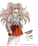  1girl bangs bear_hair_ornament brown_sweater collarbone collared_shirt criis-chan danganronpa:_trigger_happy_havoc danganronpa_(series) english_text enoshima_junko grey_eyes hair_ornament like_and_retweet long_hair miniskirt nail_polish parted_lips red_nails red_skirt shiny shiny_hair shirt simple_background skirt sleeves_past_wrists smile solo sweater sweater_tucked_in twintails twitter_strip_game twitter_username white_background white_shirt 