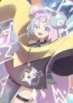  1girl bow-shaped_hair character_hair_ornament grey_pantyhose hair_ornament hexagon_print highres iono_(pokemon) jacket long_hair low-tied_long_hair marian_oekaki oversized_clothes pantyhose pokemon pokemon_(game) pokemon_sv sharp_teeth single_leg_pantyhose sleeves_past_fingers sleeves_past_wrists star_(symbol) star_in_eye symbol_in_eye teeth very_long_sleeves x yellow_jacket 