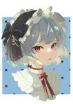  1girl alternate_costume bangs black_bow black_choker blue_background blue_hair bonnet bow bowtie choker commentary_request cropped_shoulders frilled_choker frilled_shirt_collar frills glint highres light_smile mink_08 parted_lips portrait red_bow red_bowtie red_eyes remilia_scarlet ribbon_choker short_hair simple_background solo swept_bangs touhou tsurime violet_eyes white_background 