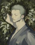  1boy birthday dated earrings expressionless flower green_hair green_kimono hgmtso highres japanese_clothes jewelry kimono looking_at_viewer male_focus one_piece roronoa_zoro scar scar_across_eye short_hair single_earring solo upper_body 