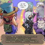  1girl animal arm_up armor backpack bag cat character_request closed_mouth furry furry_male glowing glowing_eyes green_bag green_headwear grey_hair league_of_legends legends_of_runeterra long_hair long_sleeves multicolored_background phantom_ix_row power_armor robe shiny shiny_hair smile translation_request yellow_eyes 