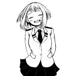  1girl arms_behind_back bk_n_wh boku_no_hero_academia closed_eyes collared_shirt facing_viewer greyscale highres jacket light_blush monochrome necktie open_mouth pleated_skirt school_uniform shirt short_hair sidelocks skirt solo standing u.a._school_uniform uraraka_ochako 