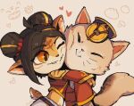  1boy 1girl bangs body_fur brown_hair closed_eyes closed_mouth double_bun firecracker_teemo firecracker_tristana from_side gambler_carrd grin hair_bun hat heart hug jacket league_of_legends long_hair long_sleeves looking_at_another midriff mushroom one_eye_closed orange_eyes pants red_jacket rope_belt shiny shiny_hair smile tail teeth whiskers yordle 