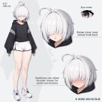 1girl absurdres ahoge blush closed_mouth english_text grey_hair hair_over_eyes highres mikoscrub multiple_views open_mouth original puffy_sleeves reference_sheet shoes short_hair shorts sleeves_past_wrists sneakers standing violet_eyes wavy_mouth white_footwear white_shorts 