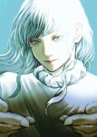  1boy androgynous berserk blue_hair commentary commentary_request curly_hair griffith_(berserk) light light_smile long_hair male_focus nisino2222 pov reaching_towards_viewer smile wavy_hair white_hair 
