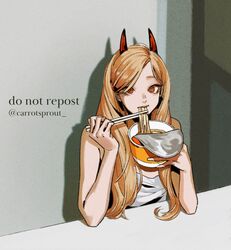  1girl blonde_hair carrotsprout chainsaw_man chopsticks cross-shaped_pupils eating food forehead highres holding holding_chopsticks horns long_hair looking_at_viewer noodles orange_eyes power_(chainsaw_man) ramen red_horns solo tank_top twitter_username white_tank_top 