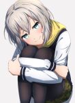  1girl absurdres aoba_moca aqua_eyes bang_dream! blush grey_background grey_hair highres hood hoodie hugging_own_legs looking_at_viewer miniskirt noshimurin pantyhose short_hair simple_background sitting skirt smile smirk solo 