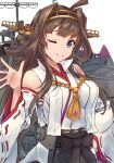  1girl ahoge anti-aircraft anti-aircraft_gun black_skirt breasts brown_hair cannon commentary_request detached_sleeves double_bun hair_bun hairband headgear highres japanese_clothes kantai_collection kongou_(kancolle) kongou_kai_ni_(kancolle) long_hair machinery medium_breasts minosu one_eye_closed ribbon-trimmed_sleeves ribbon_trim rigging simple_background skirt smokestack solo turret upper_body violet_eyes waving white_background 