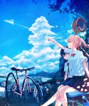  2girls absurdres bangs bicycle blue_hair blue_skirt blue_sky bottle bow bowtie city cityscape clouds day grey_eyes ground_vehicle highres kenzo_093 looking_up mountainous_horizon multiple_girls ocean orange_eyes original paper_airplane pink_hair pleated_skirt red_bow scenery school_uniform shirt short_sleeves sidelocks sign sitting sitting_on_bench skirt sky tree twintails water_bottle white_shirt 