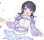  bangs belt black_hair chain commentary_request dress dutch_angle fangs fukumaru_koito highres idolmaster idolmaster_shiny_colors kitp looking_at_viewer low_twintails open_mouth petals puffy_sleeves see-through see-through_sleeves skin_fangs swept_bangs twintails violet_eyes white_background white_dress 