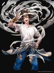  1boy blue_eyes blue_pants brown_hair english_text hand_on_hip hero_cantare highres jin_mori looking_at_viewer official_art open_mouth pants short_sleeves simple_background smile teeth the_god_of_high_school waving yagaaaa 