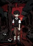  1boy 9twoeight black_eyes black_footwear black_hair black_sweater blood brown_shorts collared_shirt full_body highres holding holding_rope jump_rope looking_away omori photo_(object) rope shirt short_hair short_sleeves shorts socks solo spoilers standing sunny_(omori) sweater tree white_shirt white_socks 