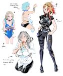  4girls absurdres axel_syrios back_tattoo belt black_pants blonde_hair blue_eyes blue_hair carrying controller crazy_person eating english_text fang fishnet_fabric food_on_clothes game_controller genderswap genderswap_(mtf) highres holostars holostars_english long_hair long_sleeves magni_dezmond multicolored_hair multiple_girls noir_vesper pants redhead regis_altare short_hair shoulder_carry sonic_(series) sonic_the_hedgehog streaked_hair swimsuit tattoo virtual_youtuber 