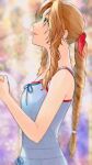  1girl 3wa_tari aerith_gainsborough bangs bare_arms braid braided_ponytail breasts crisis_core_final_fantasy_vii dress final_fantasy final_fantasy_vii green_eyes hair_ribbon highres long_hair looking_up medium_breasts outdoors own_hands_clasped own_hands_together parted_bangs pink_ribbon profile ribbon sidelocks smile solo sundress upper_body wavy_hair white_dress 