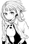  1girl absurdres artist_name bangs bk_n_wh bodysuit boku_no_hero_academia closed_mouth collared_shirt greyscale highres light_smile monochrome shirt short_hair sidelocks solo standing unbuttoned uraraka_ochako 