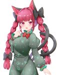  1girl animal_ears bangs black_bow bow braid breasts cat_ears dress fang floral_print green_dress hair_bow juliet_sleeves kaenbyou_rin long_hair long_sleeves multiple_tails nekomata open_mouth puffy_sleeves red_eyes redhead rururiaru simple_background skin_fang solo tail touhou twin_braids two_tails white_background 