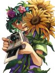  1boy 9twoeight absurdres basil_(omori) blush bright_pupils camera character_name collared_shirt flower green_eyes green_hair green_shirt head_wreath highres holding holding_camera holding_flower omori open_mouth overalls photo_(object) shirt short_hair short_sleeves simple_background smile solo something_(omori) sunflower upper_body white_background white_pupils 