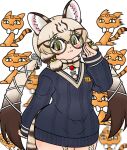  1girl animal_costume animal_ear_fluff animal_ears bow bowtie cat_ears cat_girl cat_tail closed_mouth edamamezooooo extra_ears geoffroy&#039;s_cat_(kemono_friends) glasses green_eyes grey_hair kemono_friends kemono_friends_v_project long_hair looking_at_viewer microphone multicolored_hair ribbon shirt smile sweater tail twintails virtual_youtuber 
