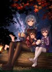  3girls :d absurdres aged_down ahoge alternate_costume autumn_leaves bangs barefoot black_hair black_pantyhose blue_hair blurry boo_tao_(genshin_impact) cameo casual character_doll commentary_request cone_hair_bun contemporary cup depth_of_field double_bun ganyu_(genshin_impact) genshin_impact grass hair_between_eyes hair_bun hand_puppet highres holding holding_cup horns hu_tao_(genshin_impact) keqing_(genshin_impact) leaf log long_hair long_sleeves looking_at_another lying lying_on_lap maple_leaf mug multiple_girls night night_sky no_shoes on_stomach pantyhose puppet purple_hair red_eyes sidelocks sitting_on_log sky skym_(kumei) smile soles star_(sky) starry_sky symbol-shaped_pupils toes twintails violet_eyes white_pantyhose 
