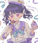  1girl bangs black_hair confetti eating fangs food food_on_face fukumaru_koito hair_ribbon hat highres idolmaster idolmaster_poplinks idolmaster_shiny_colors neckerchief osushiyasan ribbon sailor_collar sailor_hat skin_fangs solo strawberry_shortcake swept_bangs twintails upper_body violet_eyes 