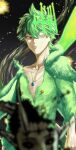  2boys black_clover cape demon demon_horns fairy_wings fur-trimmed_cape fur_trim green_eyes green_hair green_halo heterochromia highres horns jewelry kisany looking_at_another multiple_boys pendant red_eyes star_(symbol) torn_clothes wind wings yellow_eyes yuno_(black_clover) zenon_zogratis 