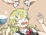  1girl 1other blonde_hair bow bowl bowtie closed_eyes commentary cracking_egg egg egg_on_face hands_up highres junerain1018 kirisame_marisa long_hair no_headwear prank raw_egg red_bow red_bowtie rice rice_bowl shirt short_sleeves simple_background sleeping surprised touhou white_shirt 