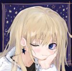  1girl black_sweater blonde_hair blue_eyes blush bpqd close-up earrings fang head_rest highres jacket jewelry long_hair looking_at_viewer one_eye_closed original smile solo star_(symbol) star_earrings starry_background sweater thick_eyebrows white_jacket 