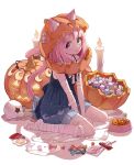  1girl :o absurdres animal_ear_fluff animal_ears bandaged_arm bandaged_leg bandages blue_dress bob_cut bowl candle candy cat_ears cat_girl cat_tail dress food from_side green_eyes halloween heterochromia highres himemori_luna hololive jack-o&#039;-lantern jack-o&#039;-lantern_head lifted_by_tail looking_at_viewer medium_hair mummy_costume no_shoes official_alternate_hair_length official_alternate_hairstyle pet_bowl pink_hair pinkusan pleated_dress short_dress sideways_glance sitting sleeveless sleeveless_dress solo star_(symbol) star_in_eye symbol_in_eye tail tail_raised violet_eyes virtual_youtuber wariza 
