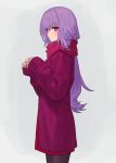  1girl bad_link bangs buttons chorefuji closed_mouth coat commentary_request from_side hands_up highres long_hair long_sleeves looking_to_the_side original own_hands_together pantyhose purple_coat purple_hair scarf simple_background sleeves_past_fingers sleeves_past_wrists solo white_background 