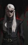  1boy a_song_of_ice_and_fire aemond_targaryen alexineskiba artist_name belt black_jacket closed_mouth evil_smile eyepatch highres house_of_the_dragon jacket lips long_hair long_sleeves looking_at_viewer scar scar_on_face smile solo upper_body violet_eyes white_hair 