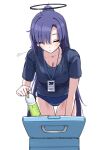  bangs blue_archive bottle breasts buruma closed_eyes cooler drink gachou gym_shirt gym_uniform hair_between_eyes halo holding holding_drink lanyard large_breasts leaning_forward ponytail purple_hair shirt sigh standing sweat t-shirt thighs wet wet_clothes wet_shirt white_background yuuka_(blue_archive) yuuka_(gym_uniform)_(blue_archive) 