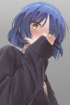  1girl black_ribbon black_sweater blue_hair blush bocchi_the_rock! covering_mouth from_below grey_background hair_ornament hairclip looking_at_viewer mole mole_under_eye neck_ribbon ribbon short_hair sleeves_past_fingers sleeves_past_wrists solo sweater uniazi_mikan yamada_ryou yellow_eyes 