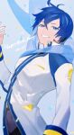  1boy arched_back arm_at_side black_pants blue_eyes blue_hair blue_scarf blue_theme clothes_lift coat colored_eyelashes confetti dated eyelashes fingernails hair_between_eyes hand_up happy_birthday headset high_collar highres kaito_(vocaloid) kaito_(vocaloid3) light_blue_background long_coat long_sleeves looking_at_viewer male_focus pants partially_unzipped scarf see-through simple_background smile teeth tnka_3 tsurime upper_body vocaloid white_coat zipper 