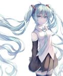  1girl bangs black_thighhighs blouse blue_hair deep_(deep4946) eyebrows_hidden_by_hair green_eyes hair_between_eyes hairband hatsune_miku highres long_hair looking_at_viewer necktie shirt simple_background skirt smile solo thigh-highs twintails vocaloid white_background 