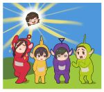  5boys ancorocoro1234 anger_vein arm_up bachira_meguru bangs black_hair blue_lock border brown_hair closed_eyes closed_mouth commentary_request cosplay day dipsy dipsy_(cosplay) full_body green_eyes hill isagi_yoichi laa-laa laa-laa_(cosplay) long_hair looking_at_another male_focus multiple_boys open_mouth outdoors po_(teletubby) po_(teletubby)_(cosplay) short_hair smile sparkle standing sun teletubbies tinky_winky tinky_winky_(cosplay) white_border 