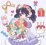  1girl bangs birthday_cake black_hair bouquet box cake candy commentary_request dress fangs flower_wreath food fukumaru_koito gift gift_box happy_birthday highres idolmaster idolmaster_shiny_colors lollipop looking_at_viewer mokume_rin puffy_short_sleeves puffy_sleeves purple_dress short_sleeves skin_fangs solo swept_bangs twintails violet_eyes 