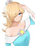  1girl blonde_hair blue_eyes closed_mouth crown hair_over_one_eye highres long_hair looking_at_viewer off_shoulder rosalina simple_background smile solo star_(symbol) super_mario_bros. super_mario_galaxy tomatomiya upper_body white_background 