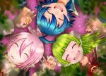  1girl 2boys asmodeus_alice blue_hair closed_eyes demon_boy demon_girl demon_horns fang green_hair highres holding_hands horns ichika392 leaf lying mairimashita!_iruma-kun multiple_boys on_back open_mouth pink_hair pink_nails pointy_ears red_nails saliva sharp_teeth sleeping smile suzuki_iruma teeth valac_clara 